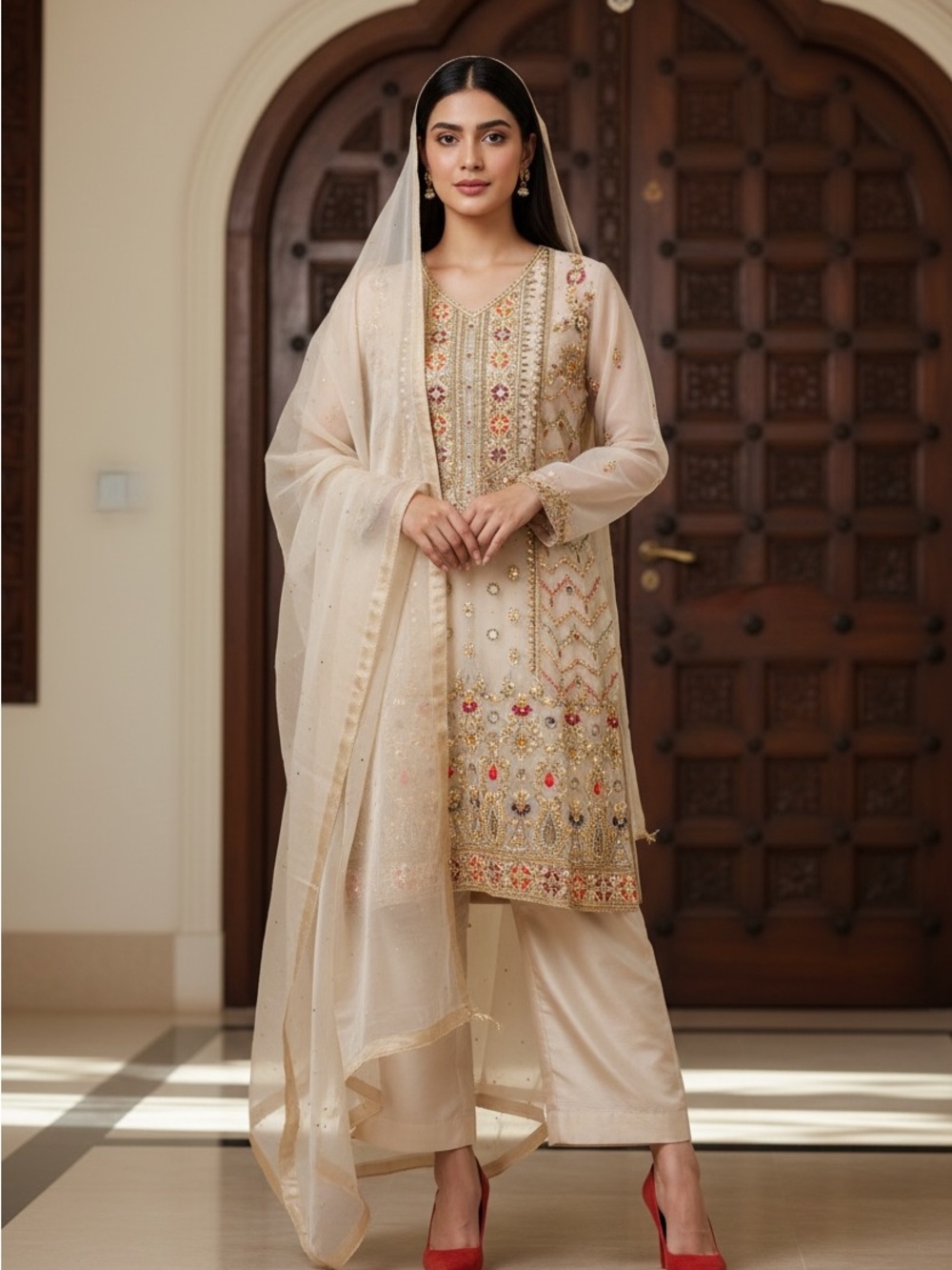 Embroidered beige and Gold Formal pakistani suit with culottes pants